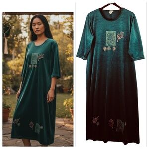 Vtg Liebe USA Sz Medium 8 10 Maxi Dress Velvet Velour Green Autumn Fall Leaves